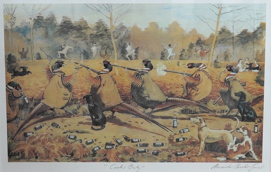 Alexander Charles-Jones (b. 1959), colour print, Shooting scene, 'Cocks only', signed in pencil, 32 x 48cm. Condition - good